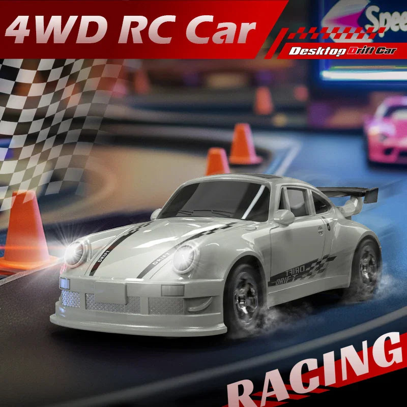 White 1/64 scale RC drift car racing on a miniature track with traffic cones