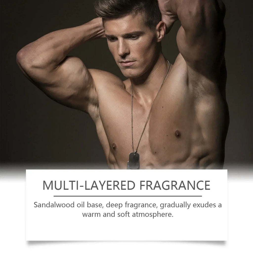 Muscular man next to a product description text for a multi-layered fragrance.