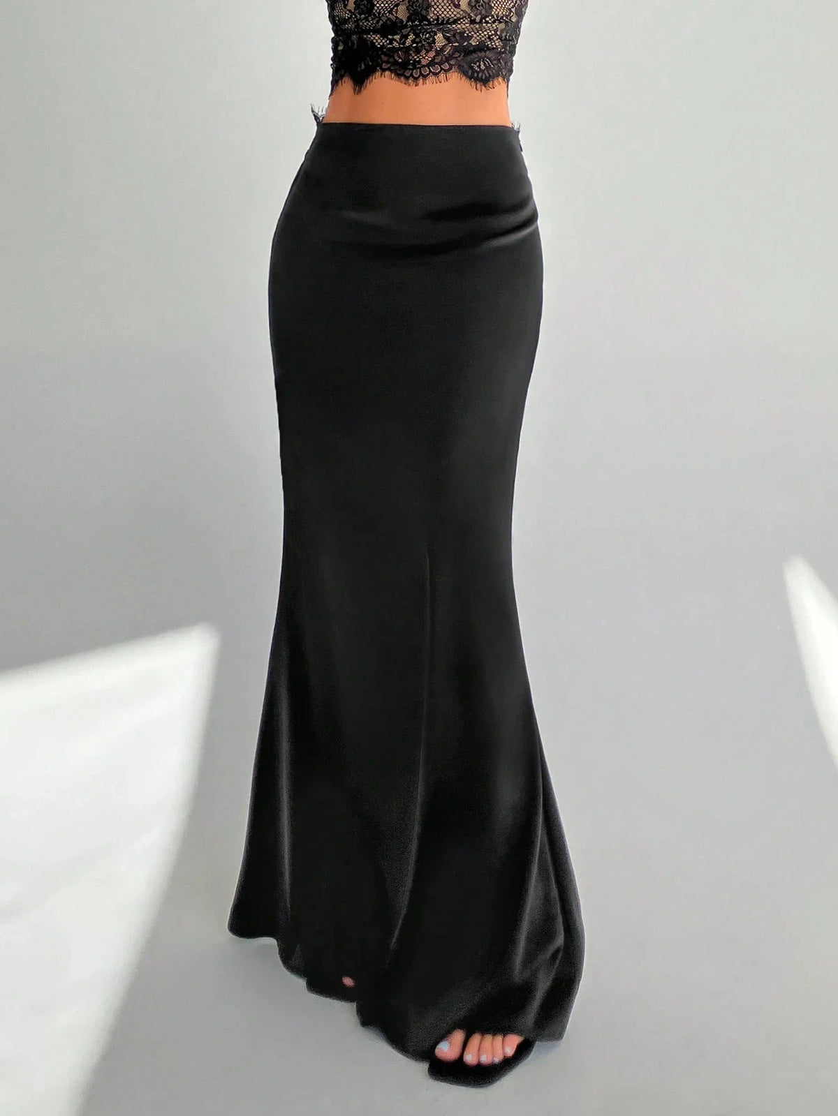 Black satin mermaid maxi skirt with high waist
