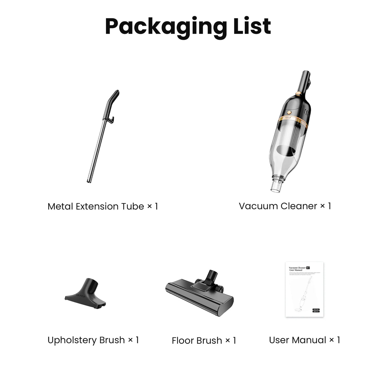 Packaging list showing metal extension tube, vacuum cleaner body, upholstery brush, floor brush, and manual