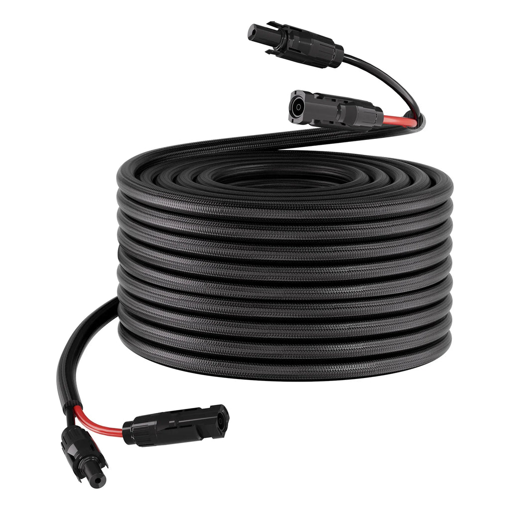 Black solar extension cable with MC4 connectors coiled
