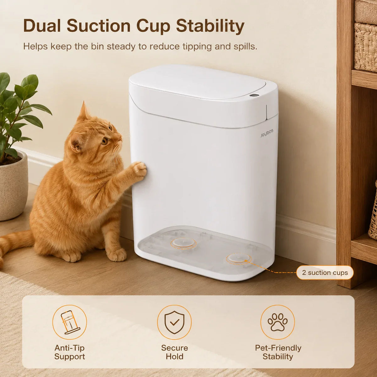 White smart trash can with suction cup stability base next to a cat