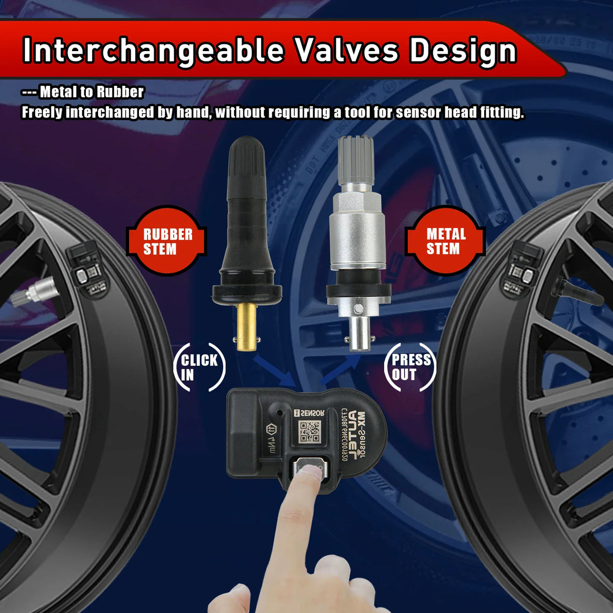 Tire pressure monitoring sensor with interchangeable rubber and metal stems
