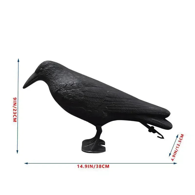 A black crow bird deterrent with size dimensions indicated in inches and centimeters.