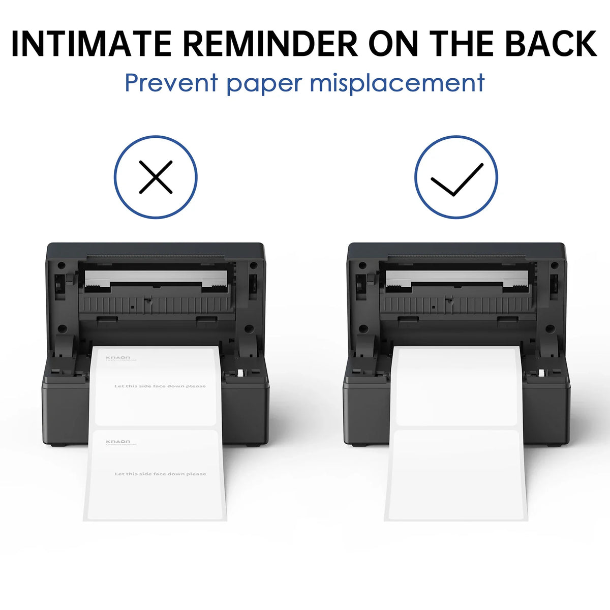 Comparison illustration showing correct and incorrect orientation of thermal label paper in a desktop printer.