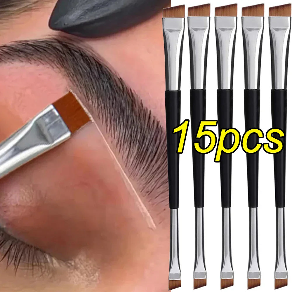 Set of double-ended angled makeup brushes with brow application demonstration