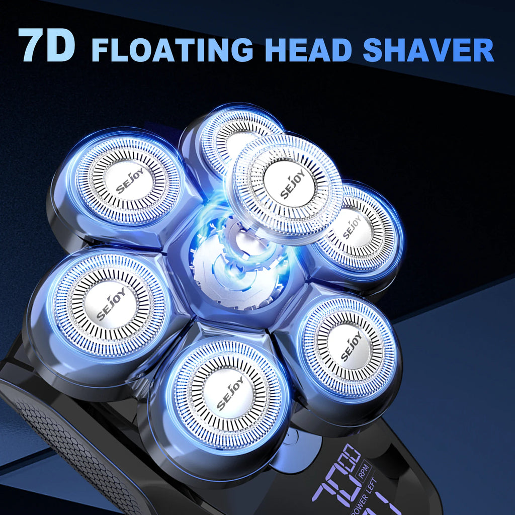 Close-up of a 7D electric shaver head with rotating blades and digital display