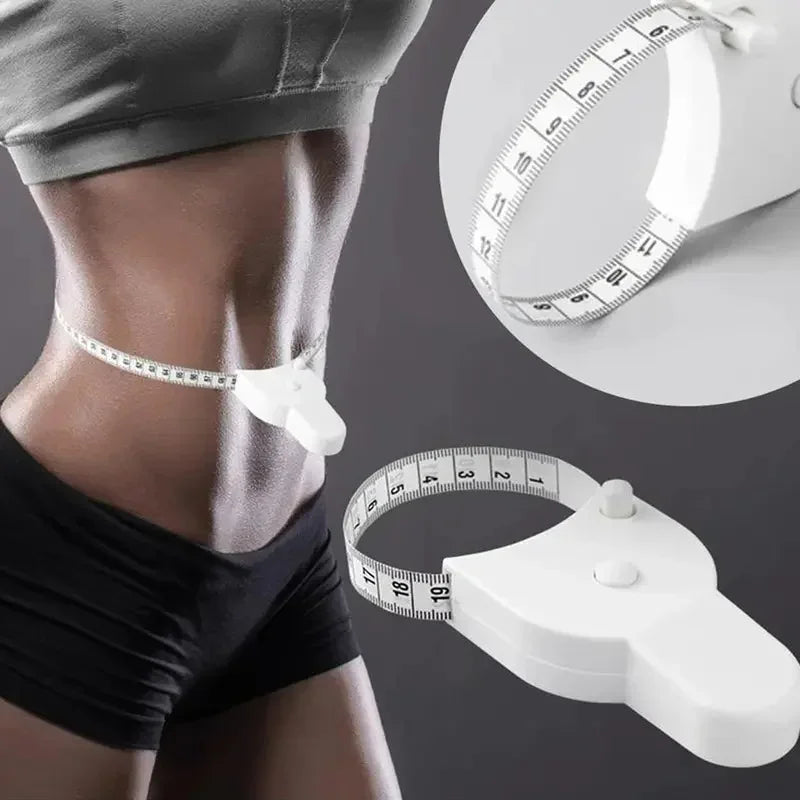 White automatic retractable body measuring tape showing measurement on a person's waist