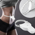White automatic retractable body measuring tape showing measurement on a person's waist