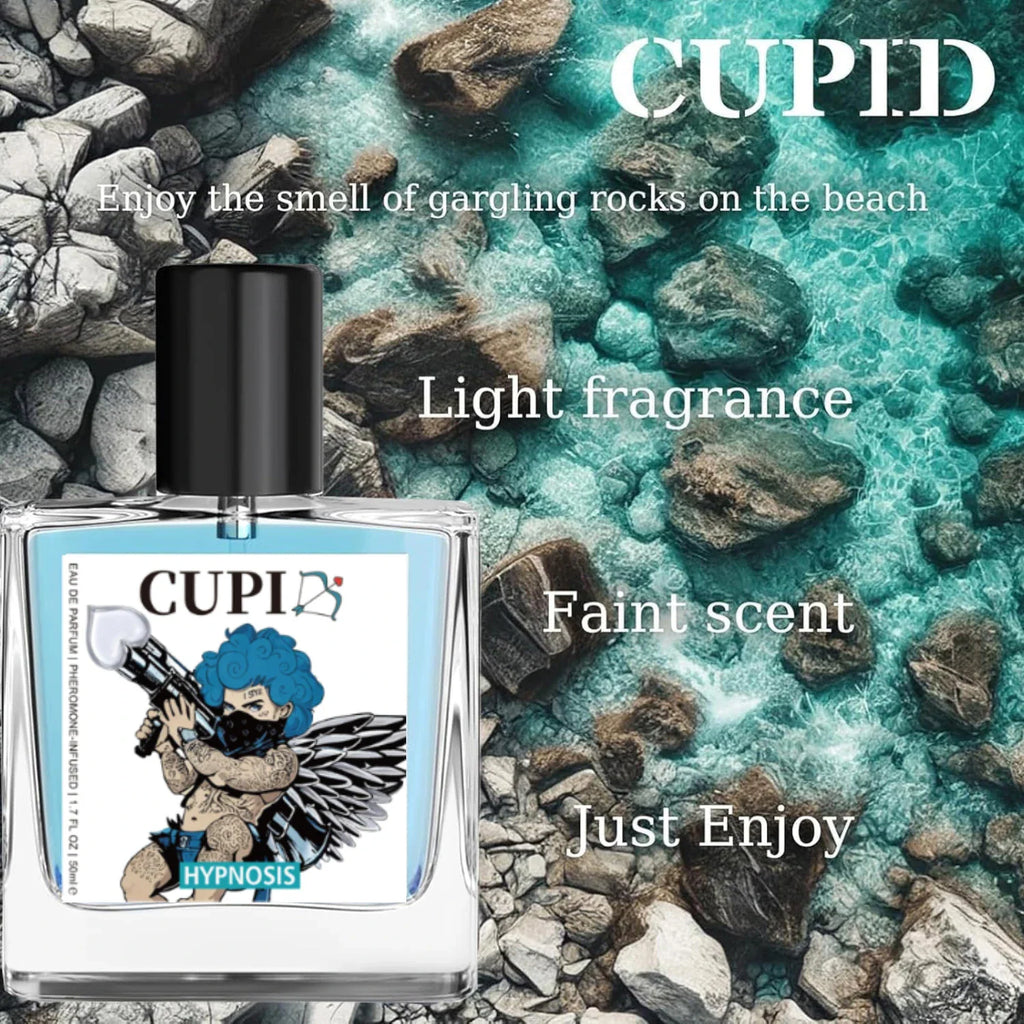 A bottle of men's pheromone perfume displayed against a backdrop of coastal rocks and sea water.