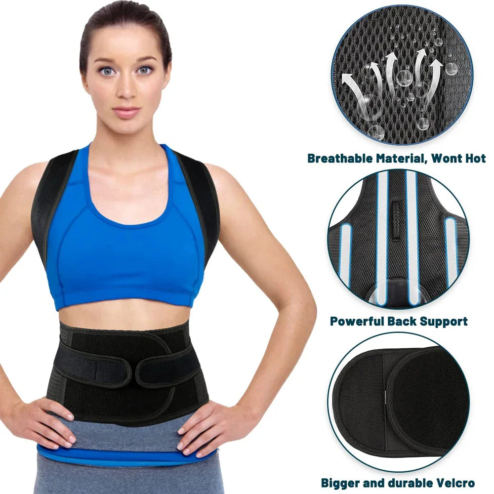 Female model wearing back brace with close-up highlights of breathable mesh material and velcro