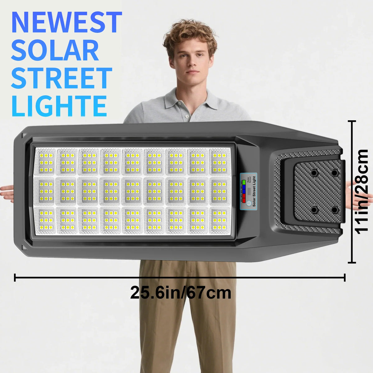 A man holding a rectangular solar street light to show its size with dimensions overlaid.