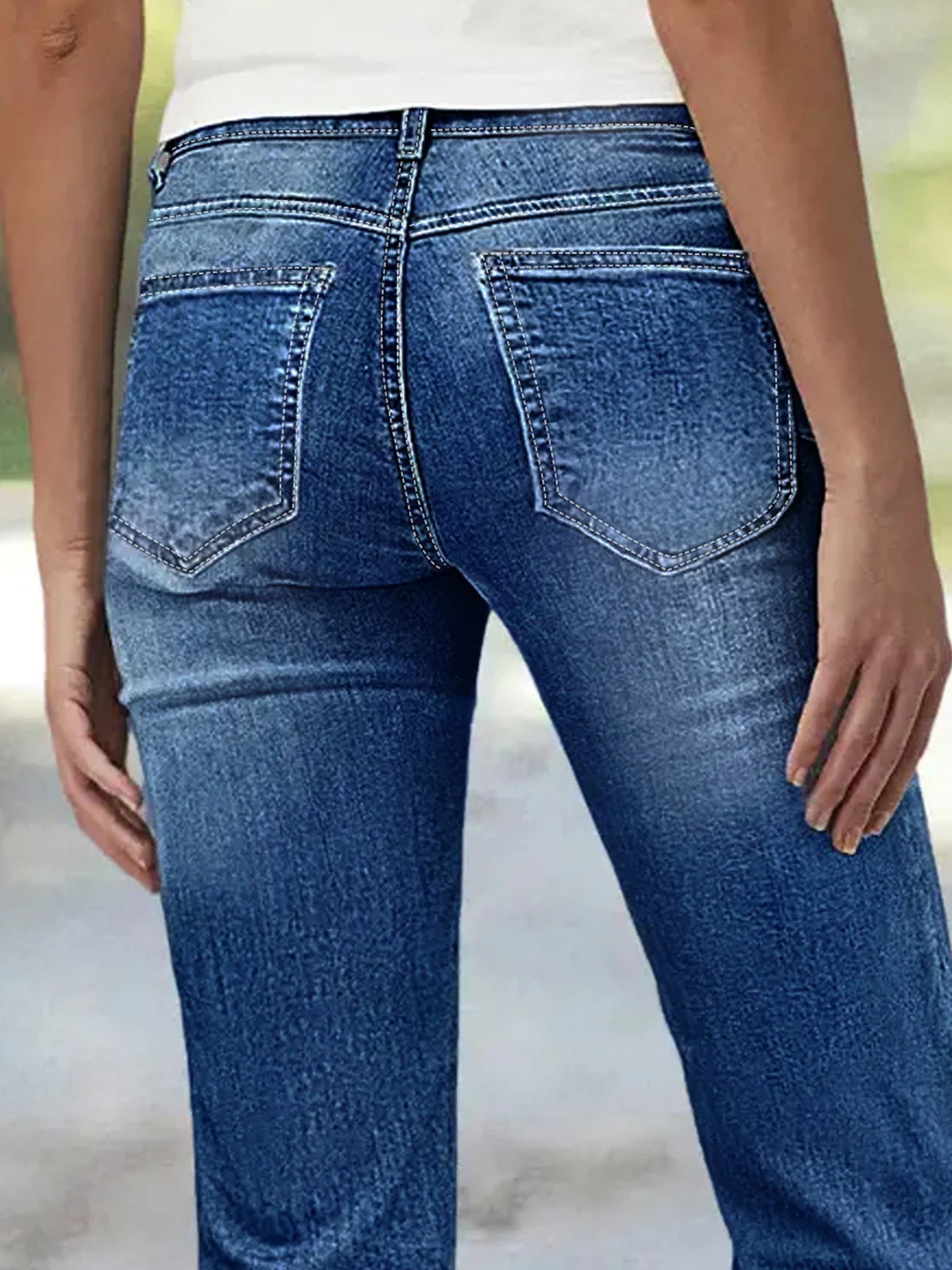 Back view of blue denim jeans with back pockets
