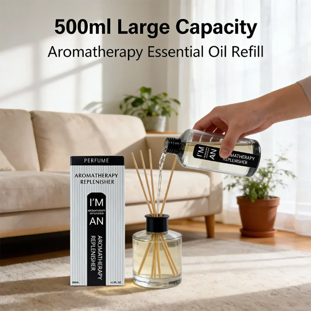 A hand pouring aromatherapy replenisher oil from a bottle into a glass reed diffuser in a living room.