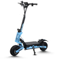 Black and light blue electric scooter with off-road tires and dual motors, isolated on white background