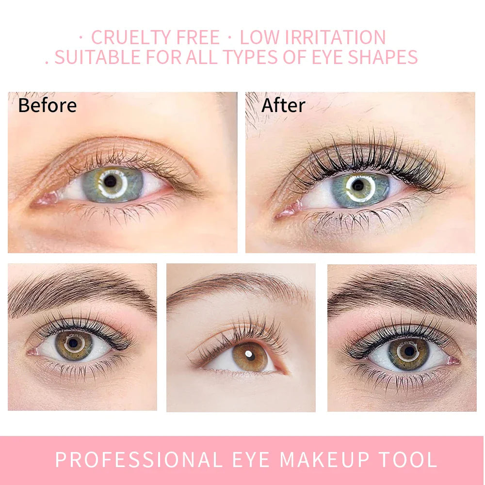 Set of eyes before and after using lash lifting lotion sachets