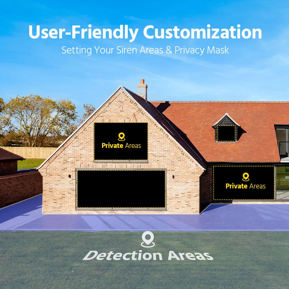 Illustration of a house exterior showing custom detection and privacy zones for security camera monitoring