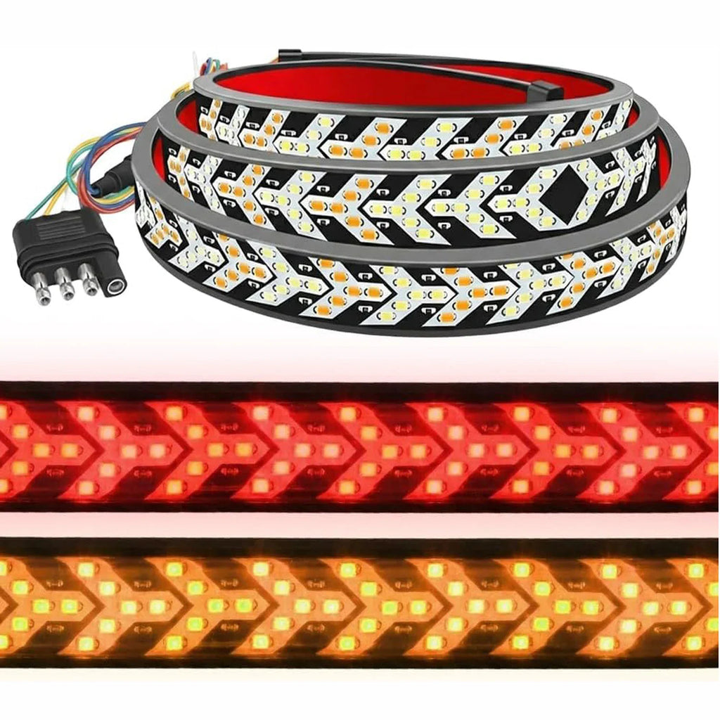 Flexible LED tailgate light strip showing red brake light and amber turn signal patterns