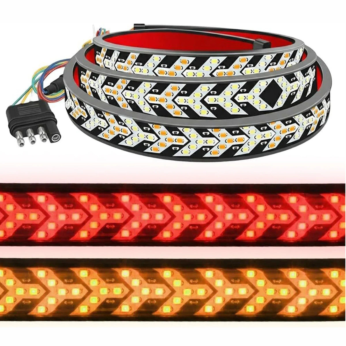 Flexible LED tailgate light strip showing red brake light and amber turn signal patterns
