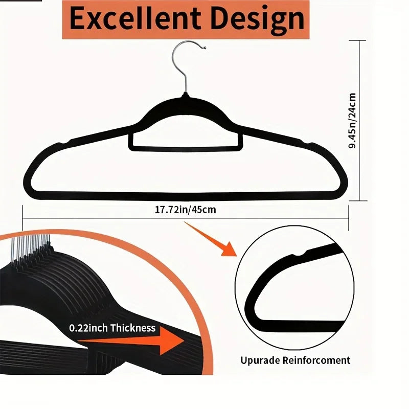 Technical diagram showing dimensions and thickness of a black velvet hanger.