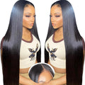 A woman wearing a long, straight, black lace front wig, shown with a detailed inset of the hairline.