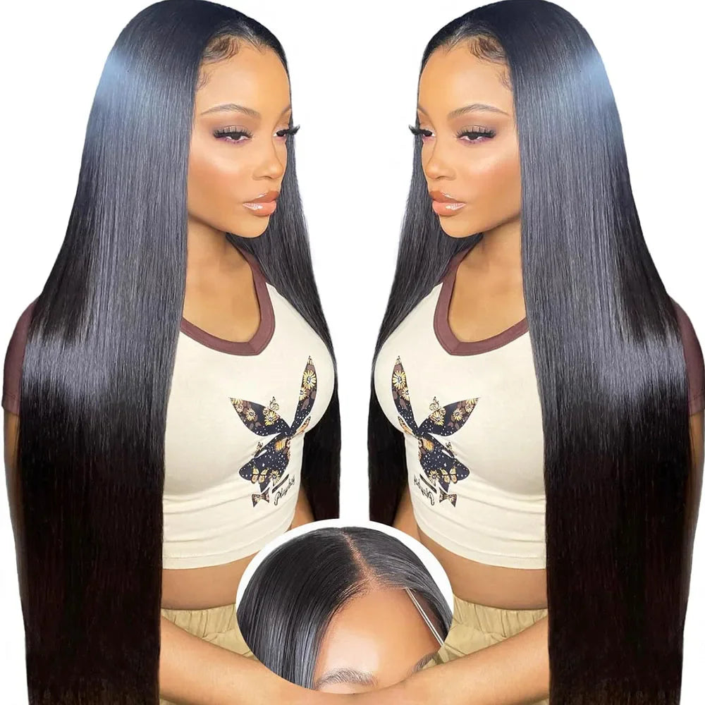 A woman wearing a long, straight, black lace front wig, shown with a detailed inset of the hairline.