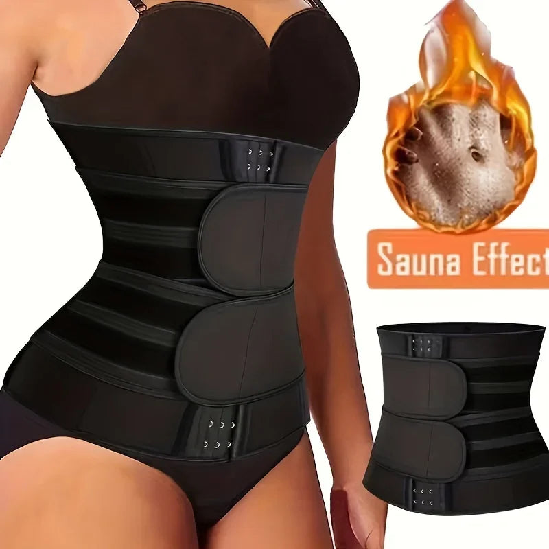 Black waist trainer belt with double adjustment straps and triple hook closure for sweat enhancement.