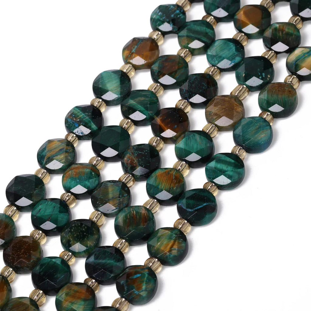Green tiger eye natural stone faceted coin beads in strands