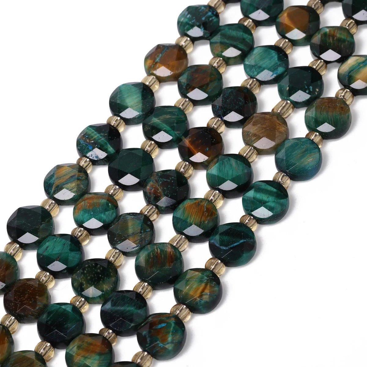 Green tiger eye natural stone faceted coin beads in strands