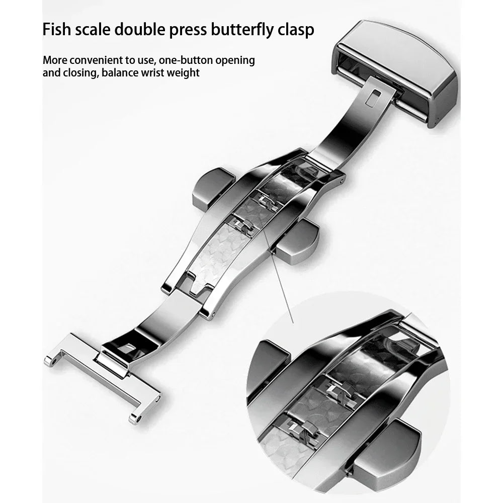 Stainless steel butterfly watch clasp with fish scale texture detail