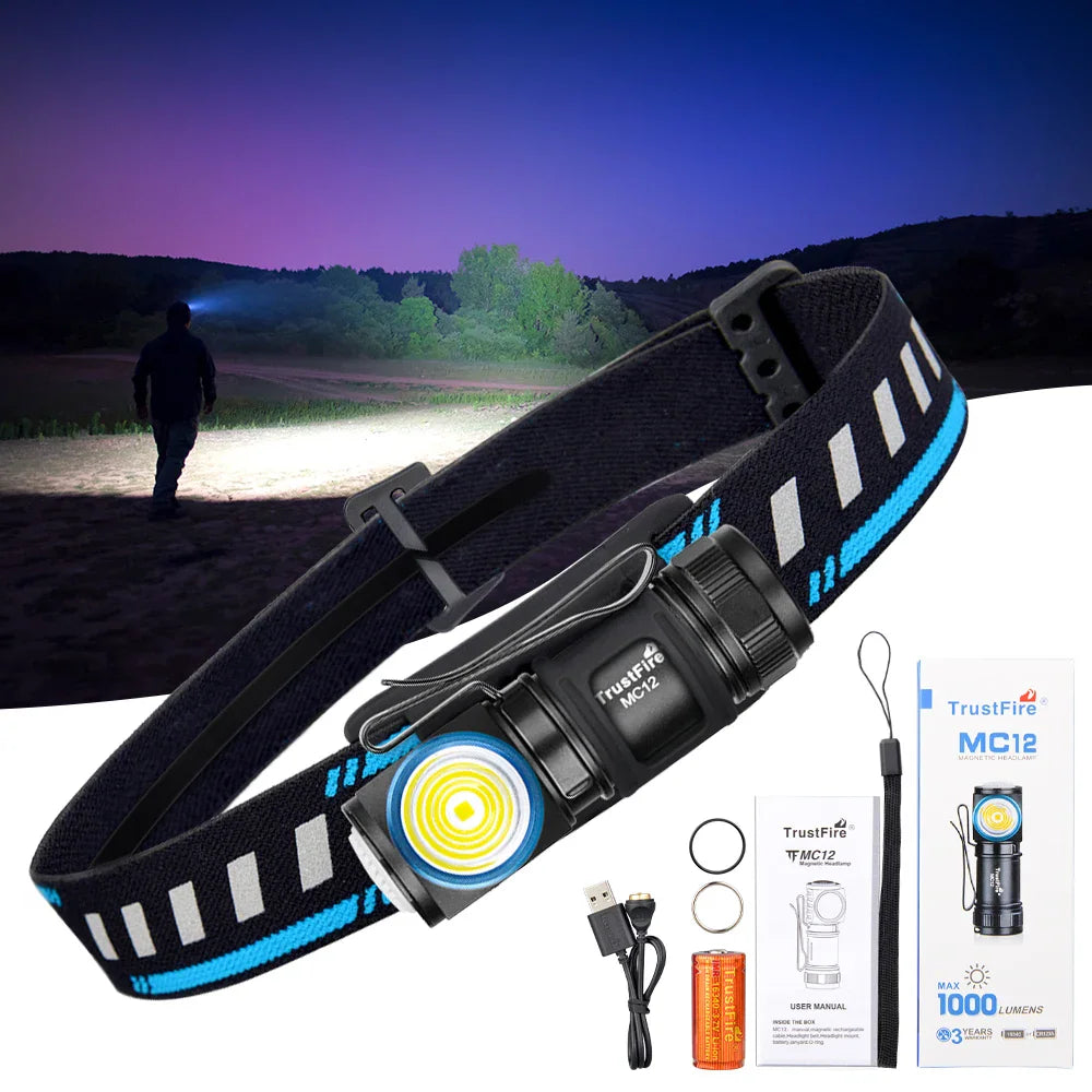 A rechargeable LED headlamp with accessories, charging cable, and packaging