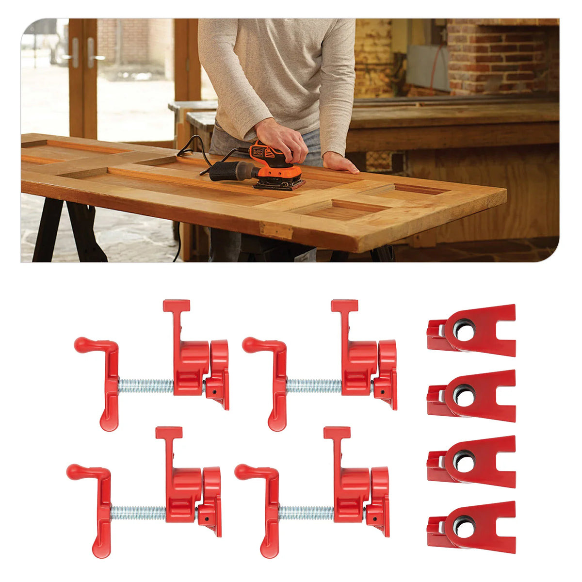 Four red cast iron pipe clamps set, shown with a person sanding a wooden door.