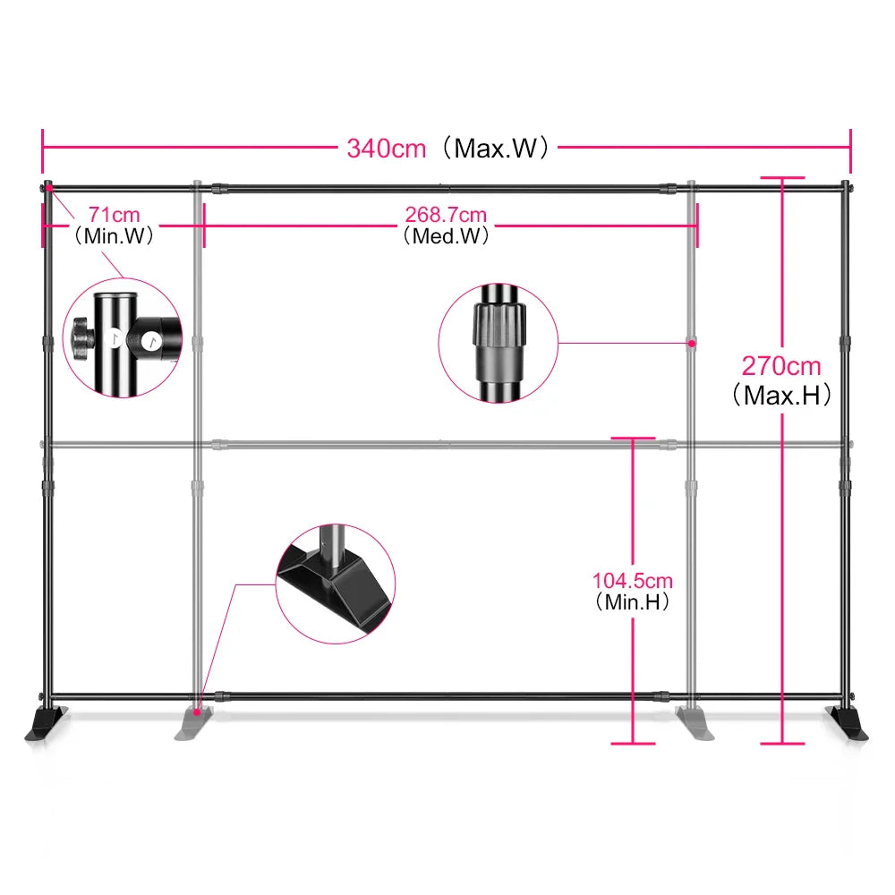 Diagram showing the dimensions and adjustment range of an adjustable photography backdrop stand