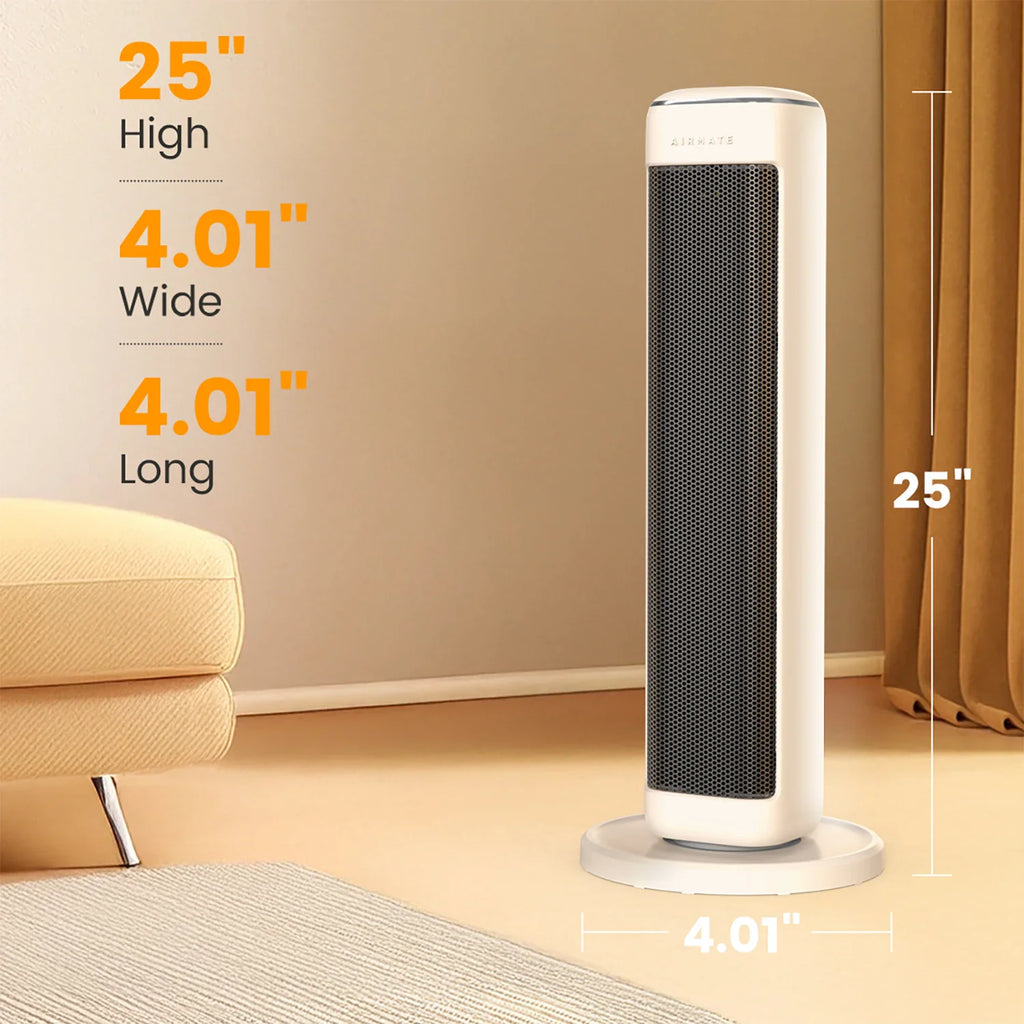 Off-white tower ceramic space heater with text overlays indicating dimensions