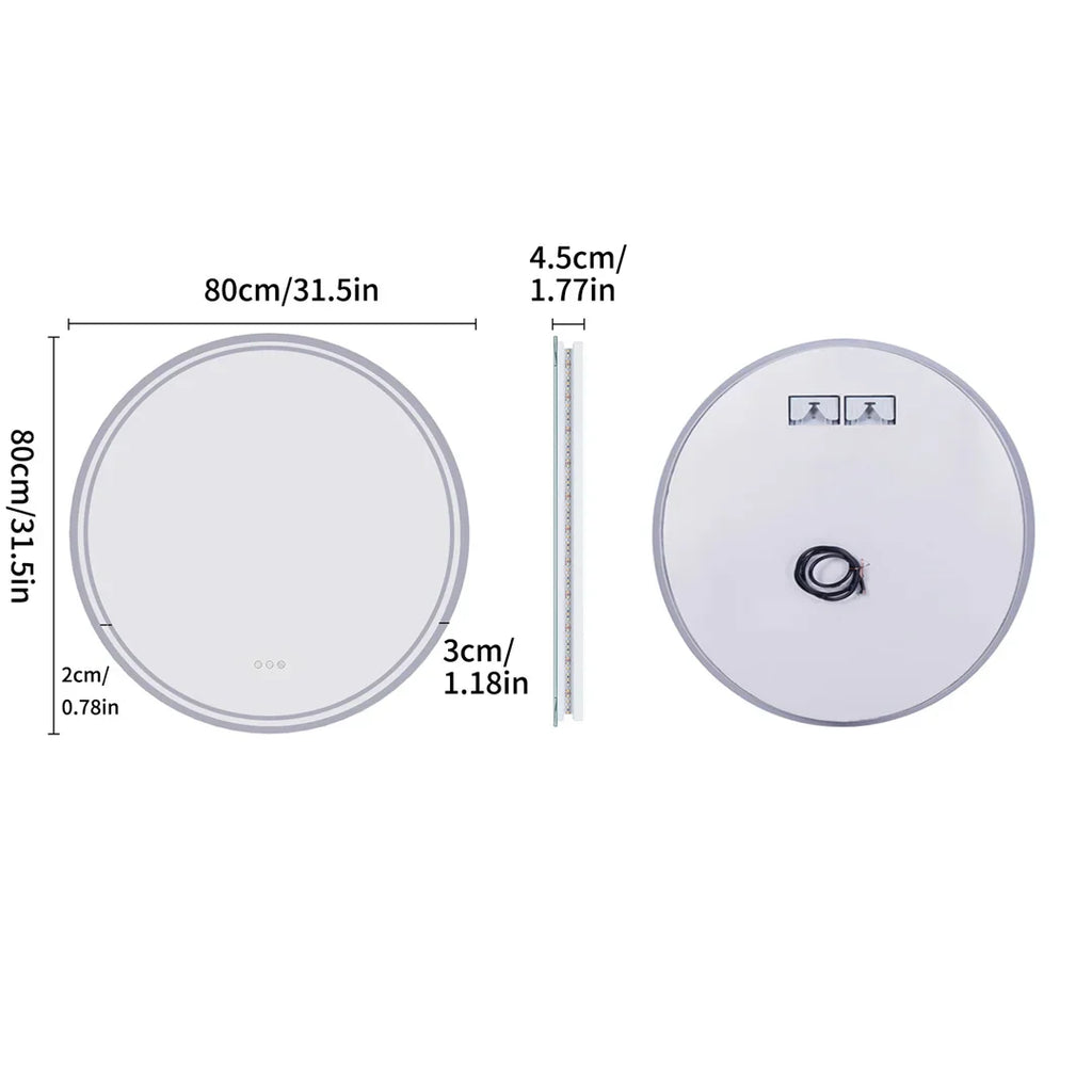 Dimensional technical drawing of a round LED bathroom mirror with measurements in cm and inches