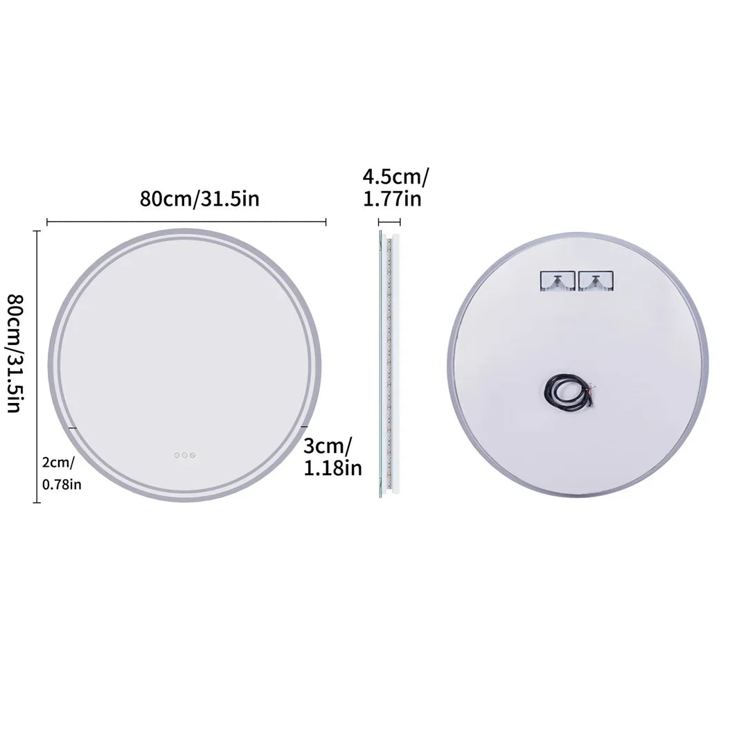 Dimensional technical drawing of a round LED bathroom mirror with measurements in cm and inches