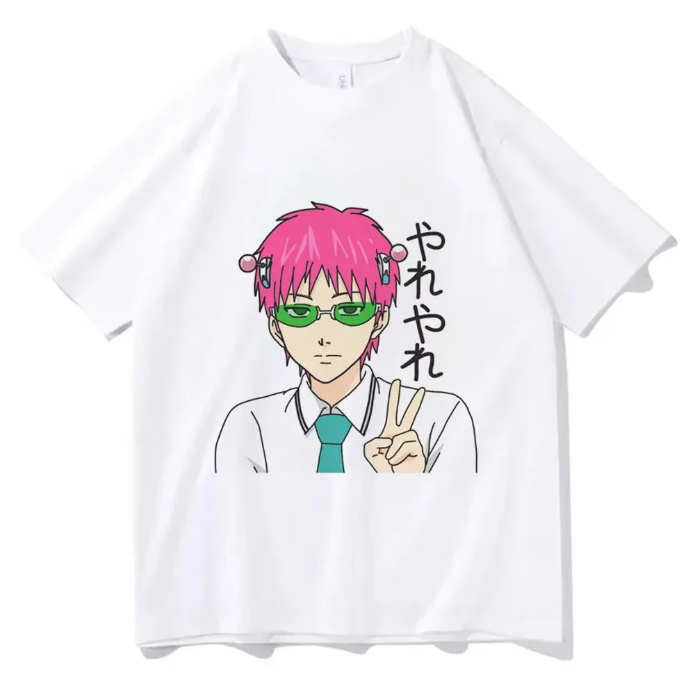 White short-sleeved t-shirt featuring an anime character with pink hair making a peace sign.