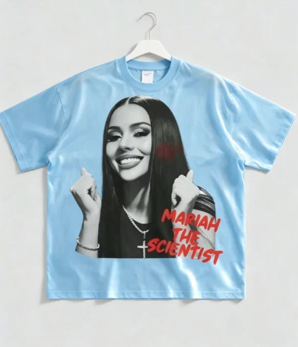 Light blue cotton unisex short sleeve crewneck graphic t-shirt with rapper print