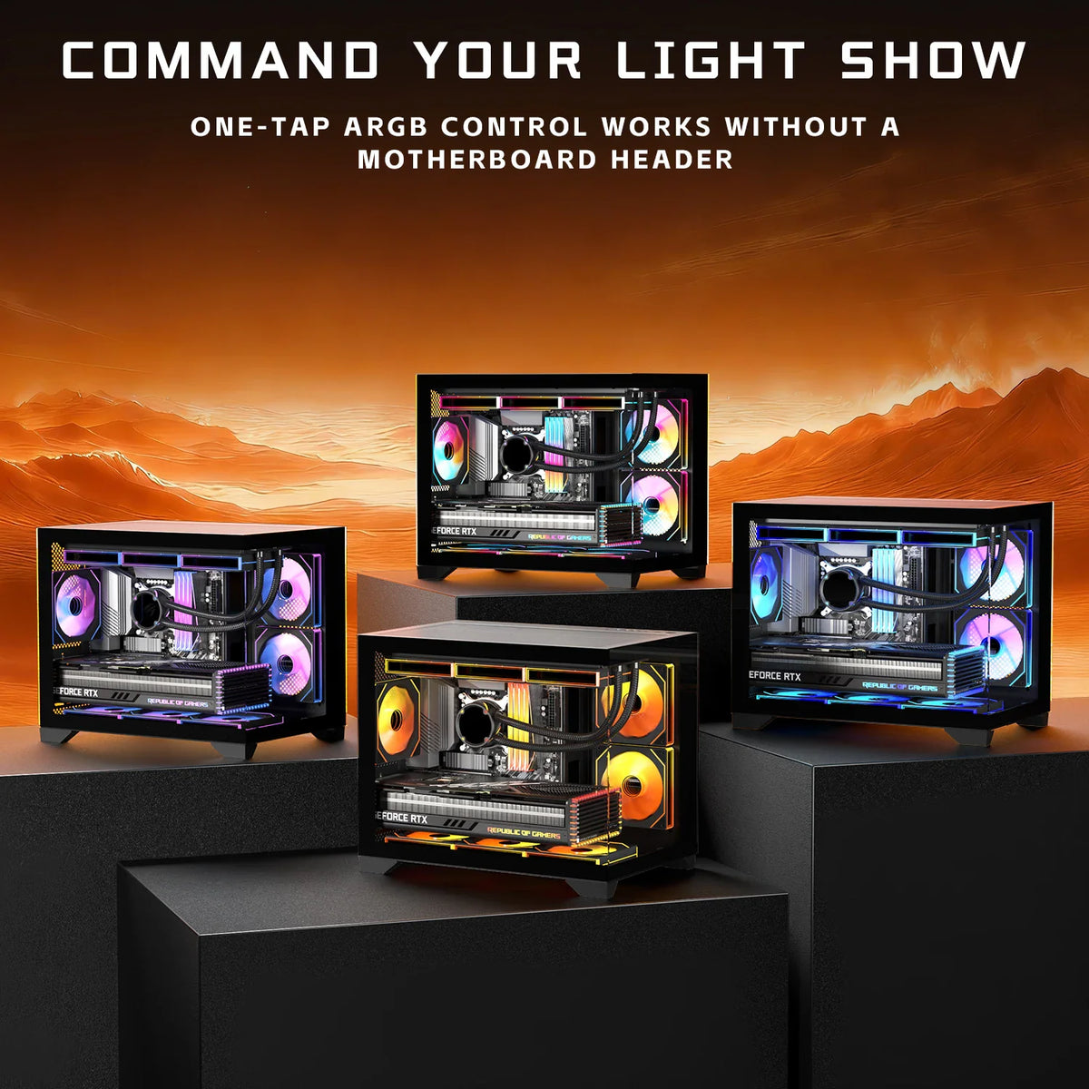 Four micro-ATX PC cases displayed on pedestals with different colored ARGB lighting effects