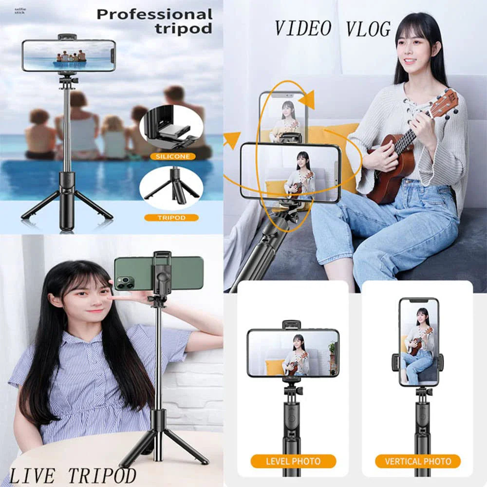 Black wireless selfie stick tripod in tripod mode with a mounted smartphone – view 2