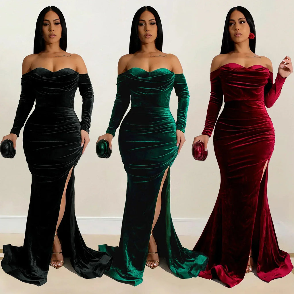 Black, green, and burgundy velvet off-shoulder long evening dresses
