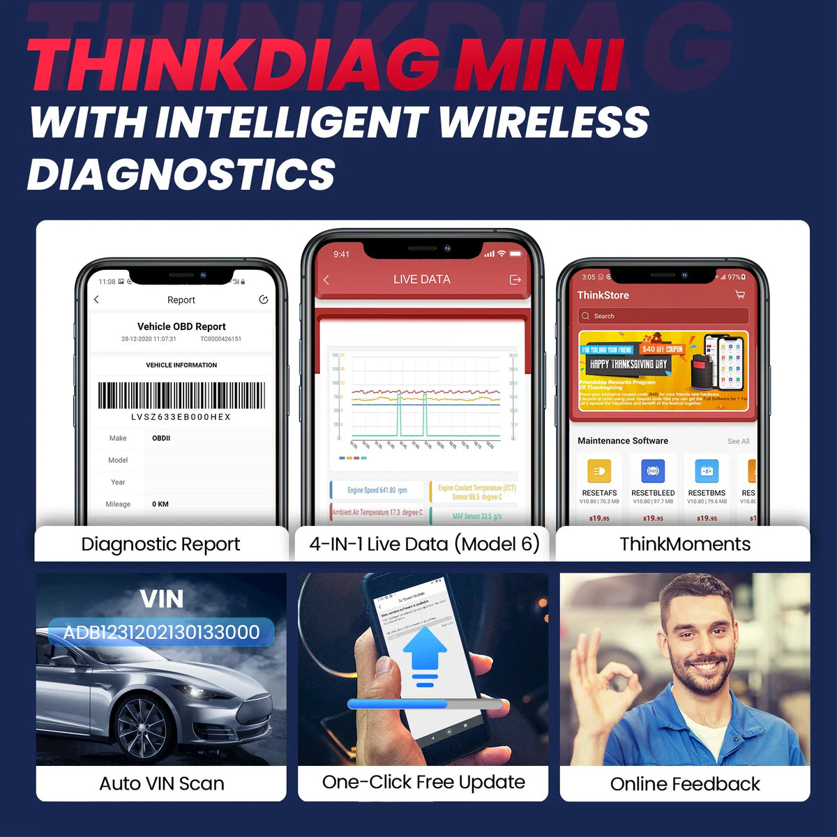 Diagnostic tool app showing vehicle reports, live data charts, and auto VIN scan feature.