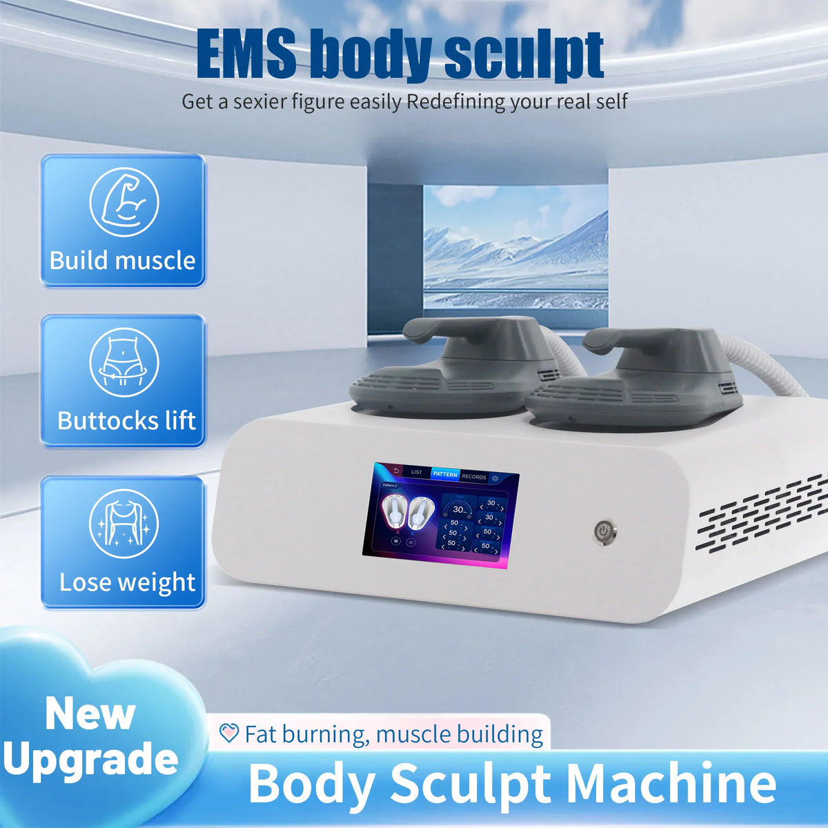 Portable electromagnetic body sculpting and muscle stimulation machine with two applicators and touch screen interface