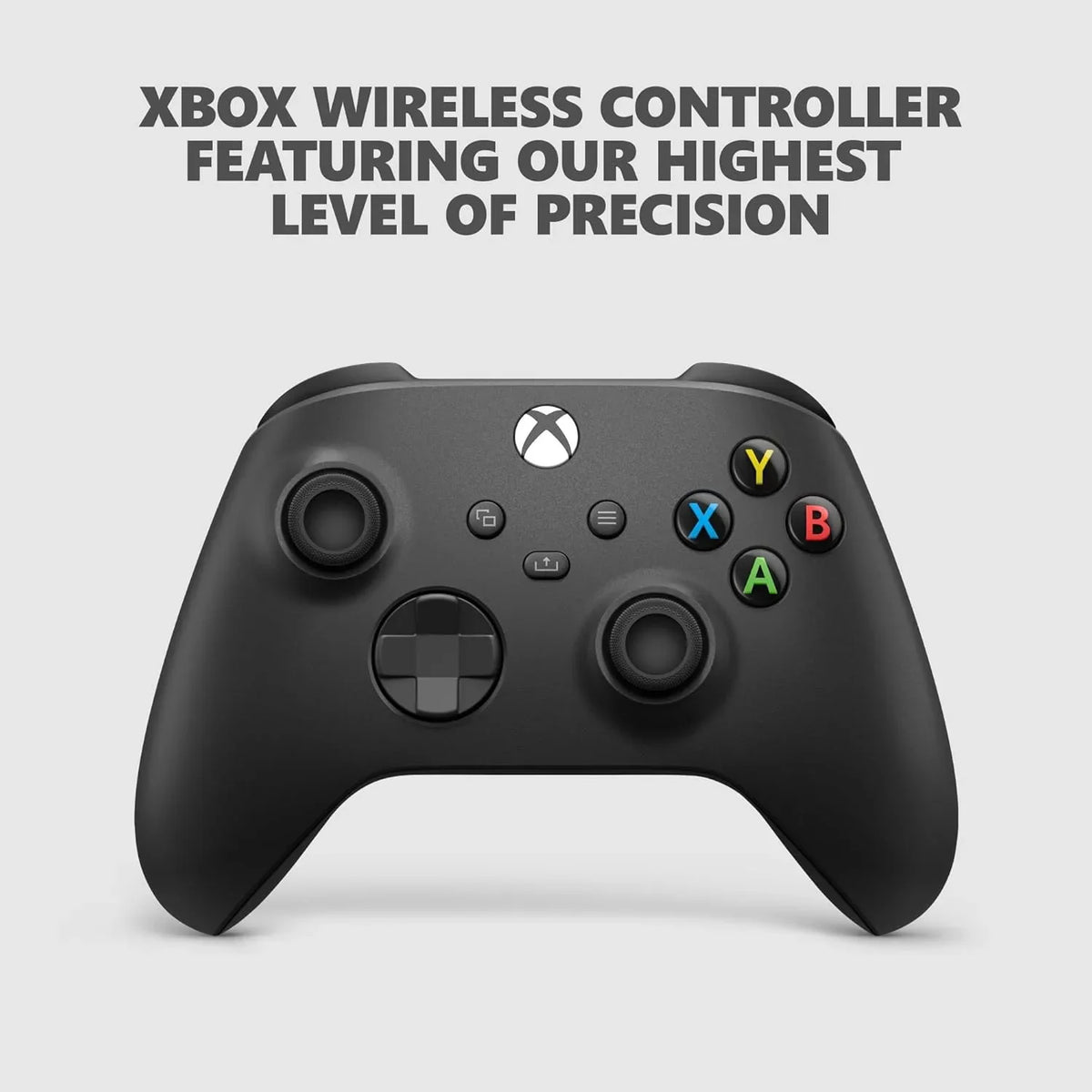 Black wireless gaming controller with buttons and joysticks on a light background