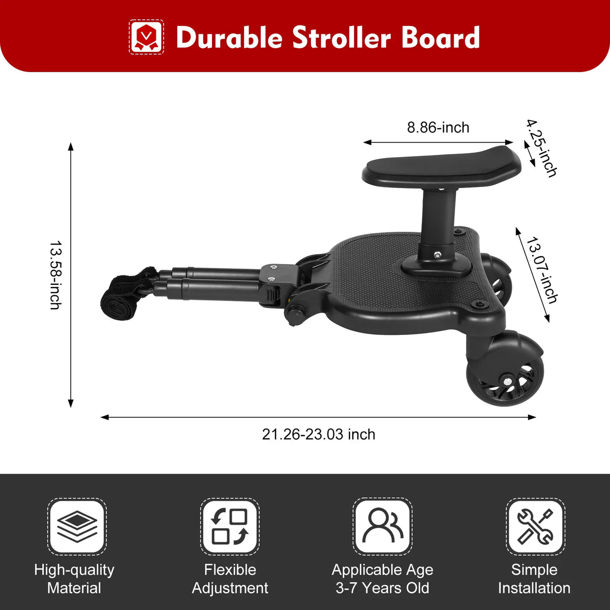 Universal stroller board with dimensions and features labeled