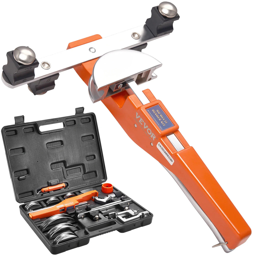 SucceBuy ratcheting pipe bender kit including 7 bending dies, pipe cutter, and deburring tool in a portable carry case.