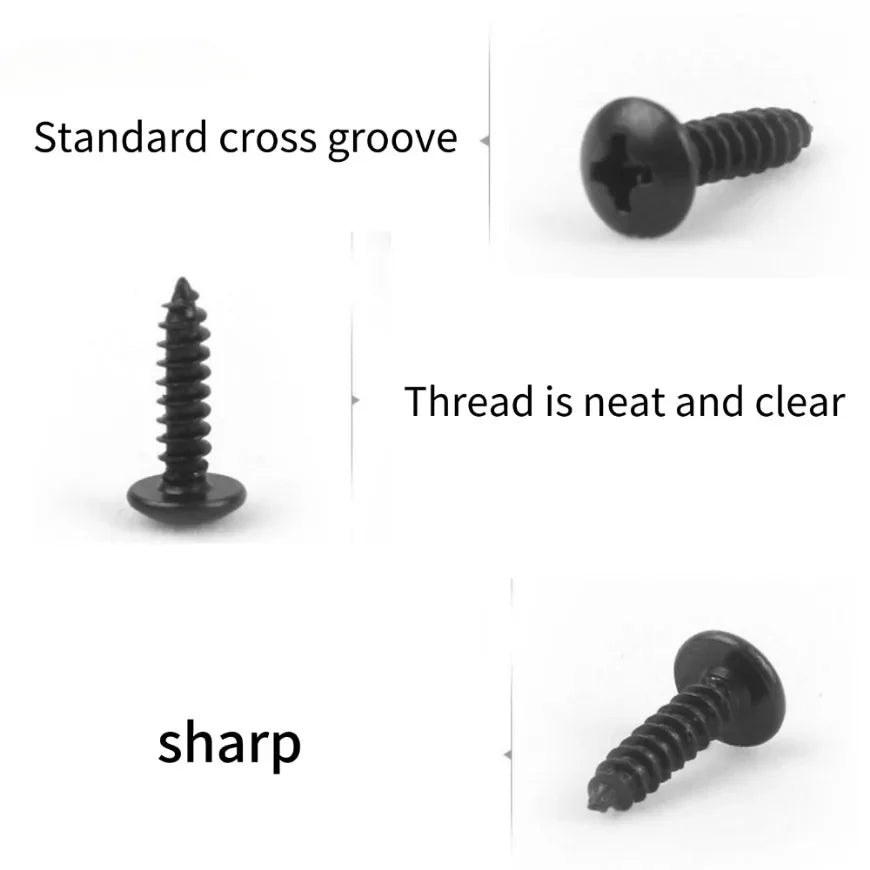 Close-up features of black carbon steel Phillips self-tapping screws