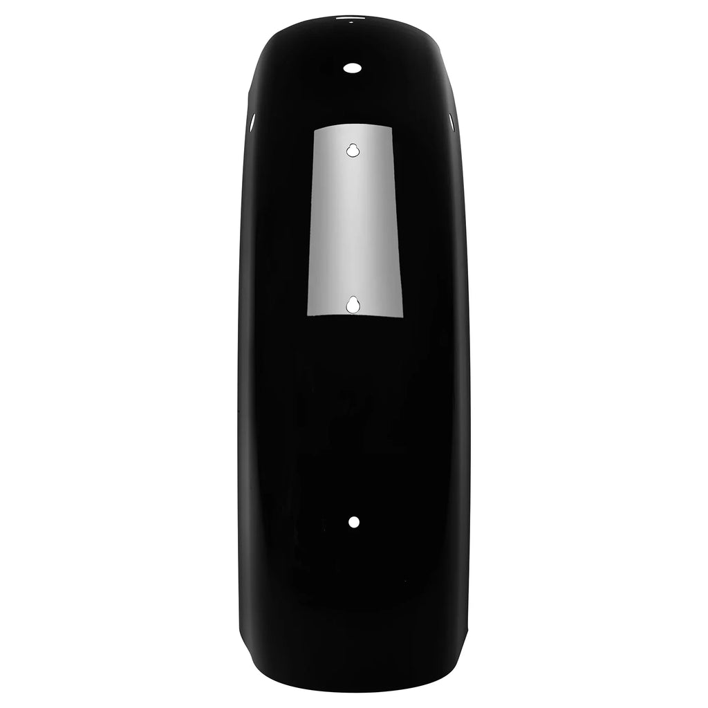 Top view of a curved black metal motorcycle rear fender with mounting holes