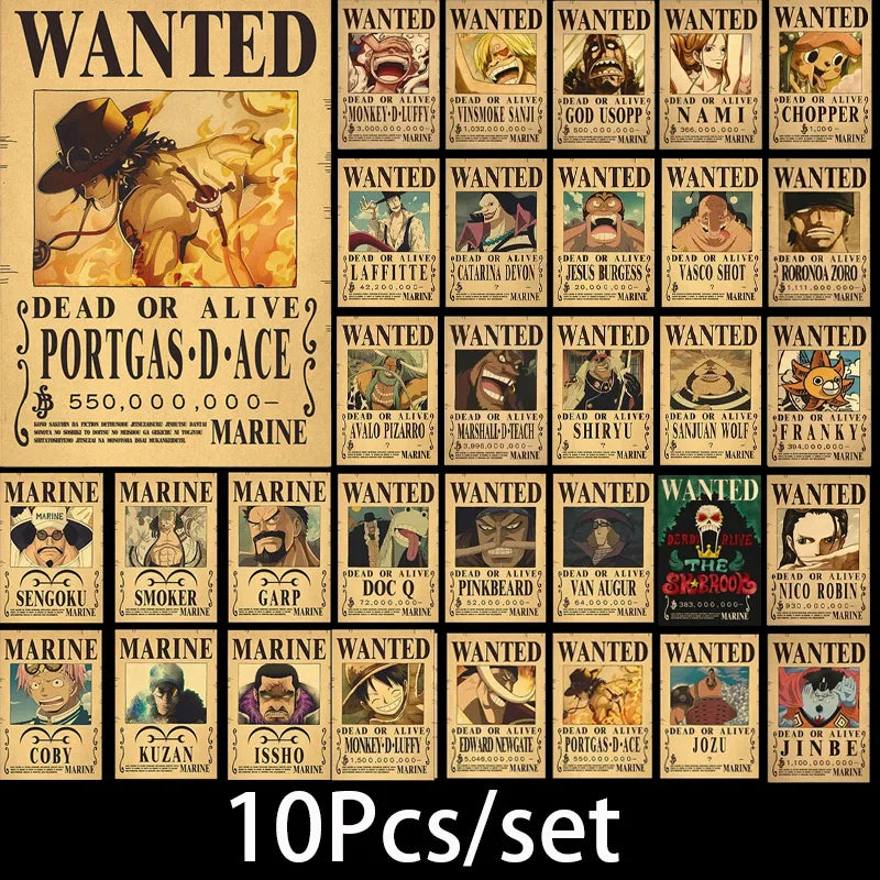 A set of 10 One Piece anime Wanted posters printed on yellow kraft paper featuring characters like Luffy and Zoro.