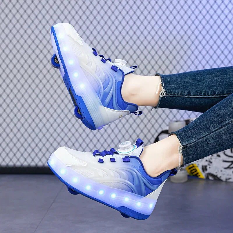 Blue and white gradient LED roller skate shoes with wheels for kids
